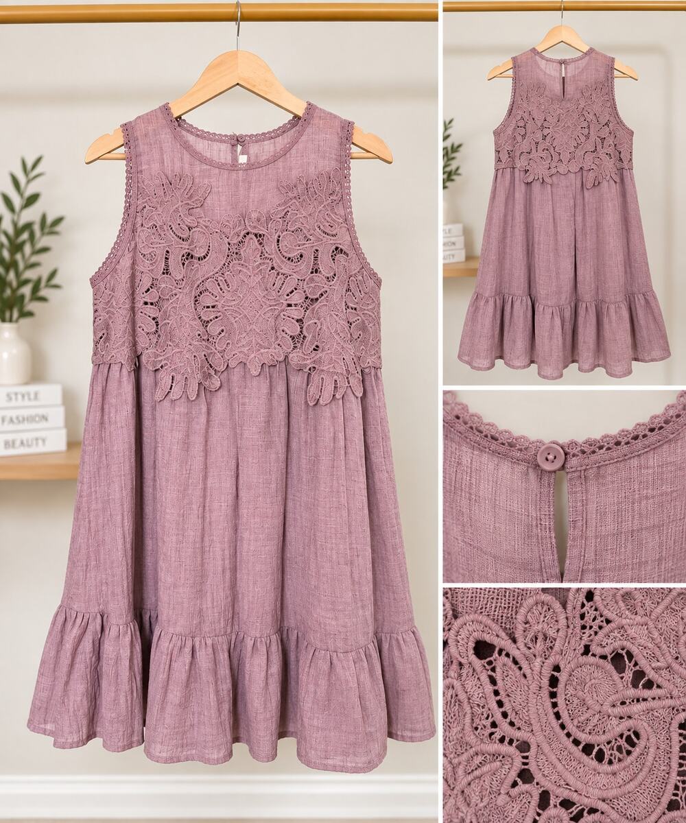 Dusty Mauve Floral Lace Crochet Sleeveless Swing Dress Size Small
